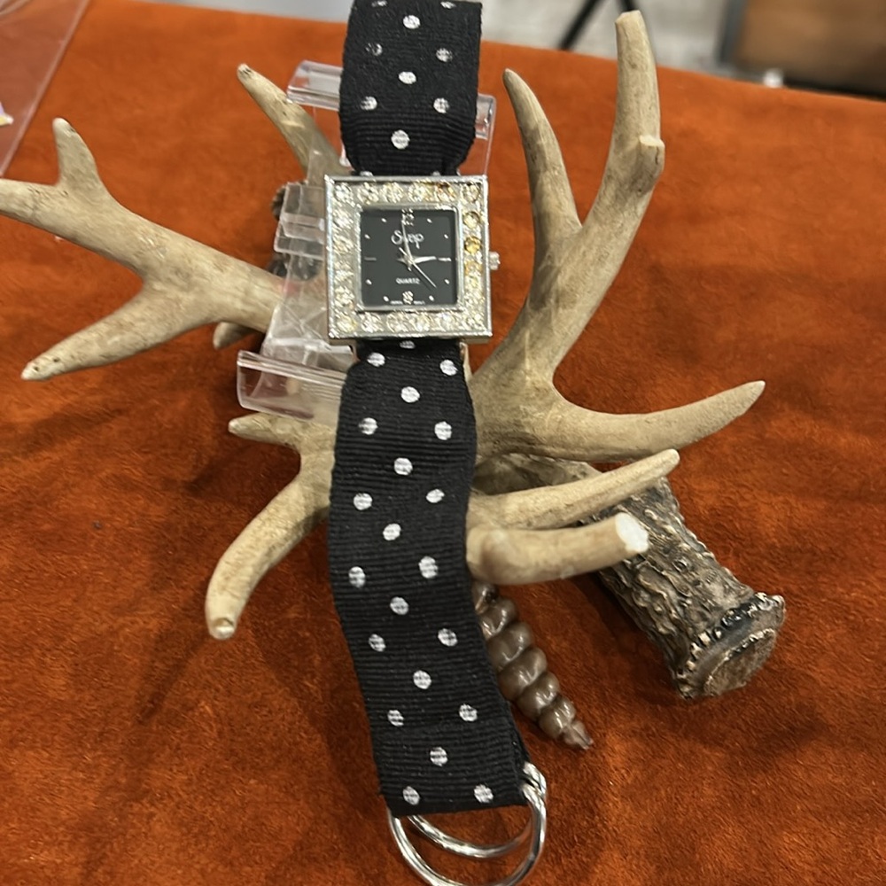 Vintage swap Black Polka Dot Strap Watch with Silver Accents
